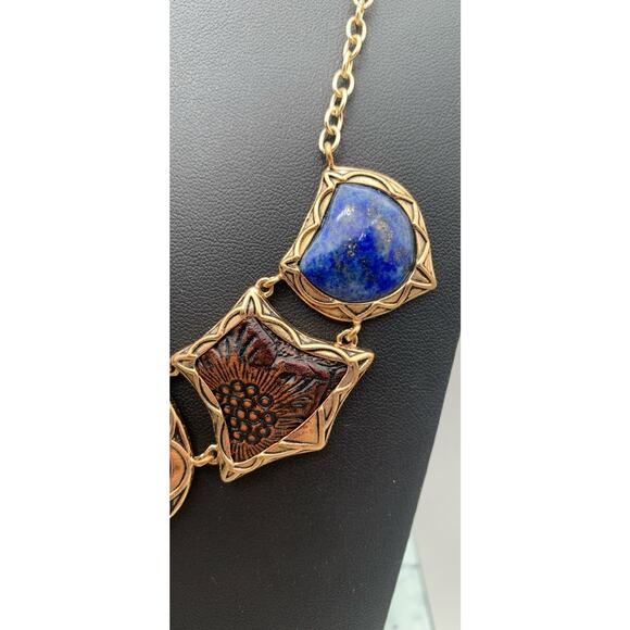 Barse Lapis Lazuli & Tooled Leather Necklace Etruscan Style, Up To 19" Long - Picture 3 of 8